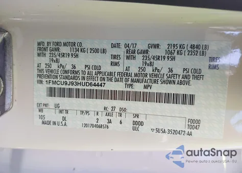 2017 Ford Escape Titanium z USA, uszkodzony, nr VIN 1FMCU9J93HUD64447